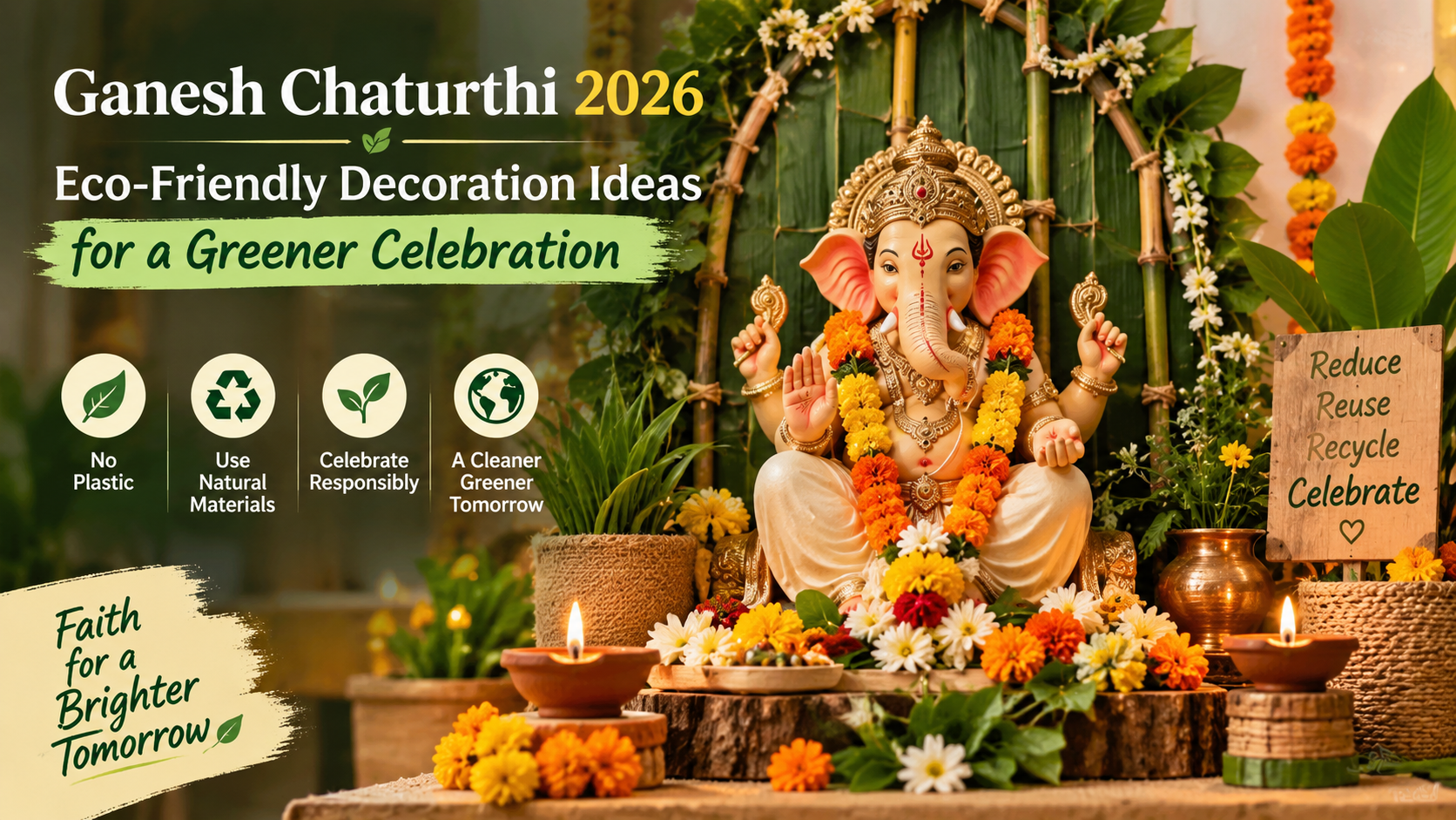 Eco-friendly Ganesh Chaturthi 2026 decoration with flowers, bamboo and natural materials