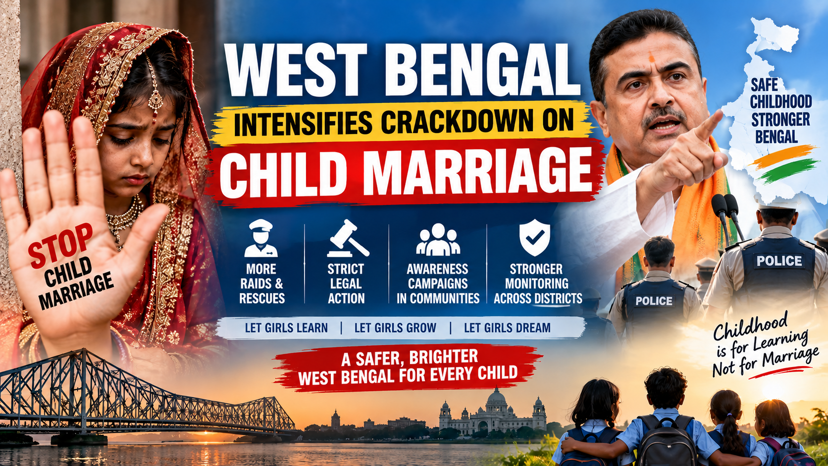 Police and administration officials during a child marriage prevention operation in West Bengal